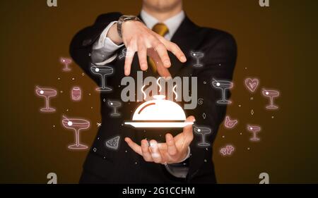 Hand holding food related icons Stock Photo