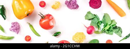 Healthy food panorama with copy space. Various fresh vegetables, shot from the top on a white background Stock Photo