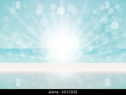 Abstract blue vector summer defocused banner with dots of light. Natural background with blurred sky, sun rays and bokeh, mockup for advertising organic cosmetics or natural product food Stock Vector