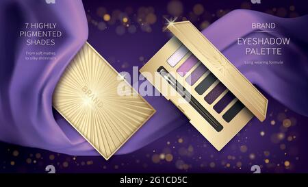 Cosmetic vector realistic eye shadow ads. Elegant golden palette, open case with purple eye shadows and make-up applicator on background of silk violet folds fabric and sparkles, decorative cosmetics Stock Vector