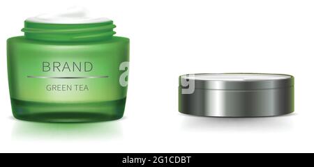 Cosmetic realistic vector set. Green glass jar with open silver lid lying next, with shadow, isolated on white background. Natural cosmetics concept, organic formula for healthy skin Stock Vector