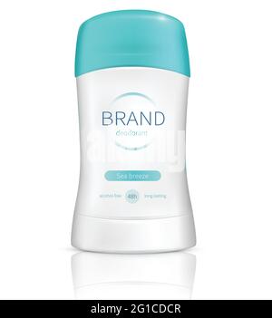 Vector realistic cosmetic product, dry stick deodorant with fresh fragrance. Antiperspirant in white plastic tube with blue cap isolated on white glossy background. Mock up for catalog Stock Vector
