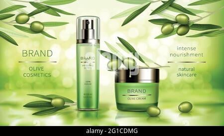 Olive cosmetics vector realistic poster. Green spray bottle with moisturizing lotion and jar of cosmetic cream, natural product, branches with green leaves and olive fruits on sunny bokeh background Stock Vector