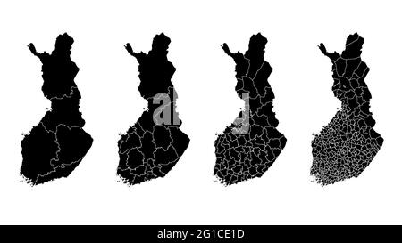 Finland map municipal, region, state division. Administrative borders, outline black on white background vector illustration. Stock Vector