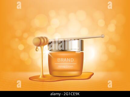 Cosmetic realistic vector ad background. Yellow jar with cream and golden honey drips, organic cosmetics, natural spa formula for skincare. Mock up for magazine or catalog Stock Vector