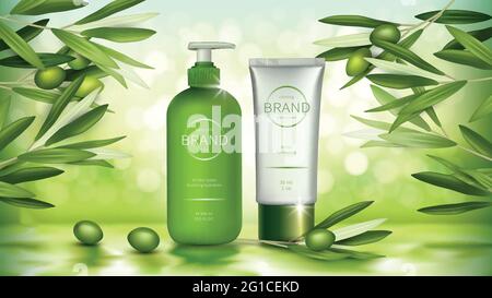 Vector cosmetic realistic poster. Green bottle with dispenser and white tube with organic cosmetics, natural product among olive branches with green leaves and olive fruits on sunny bokeh background Stock Vector