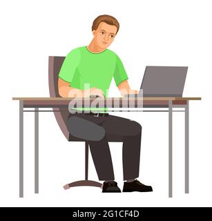 Guy is sitting at table. Young handsome handsome boy at computer. Friendly smile. In jeans, T-shirt and sneakers. Works. Cartoon flat style. Illustrat Stock Vector