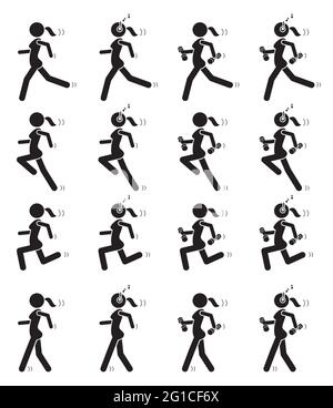 Woman exercise in different poses. Black stick figures exercising. Vector print illustration Stock Vector