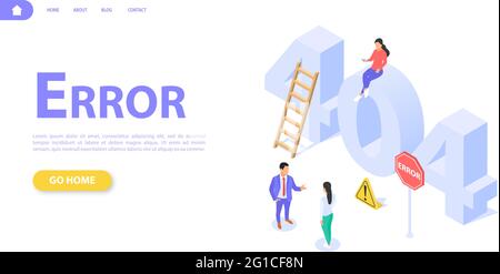 The concept of a web page with an error 404. Characters on a background of large letters 404. The site page is not working, loading error. Flat isomet Stock Vector
