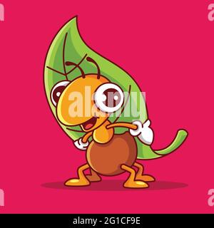 Cartoon cute ant character with big eyes carrying big green leaf. Vector mascot Stock Vector