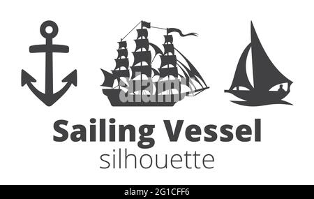 Sailing vessel silhouette icon in black. Anchor emblem. Sailing ship types on white background. Vector print illustration Stock Vector