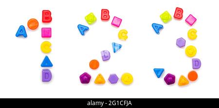 numbers from children's cubes, letters and shapes. Stock Photo