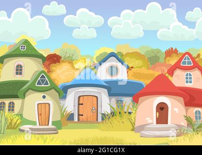 Village of gnomes. Fabulous town with cute little houses. Clouds. Beautiful cartoon landscape. Meadow against background of forest. Childrens Stock Vector