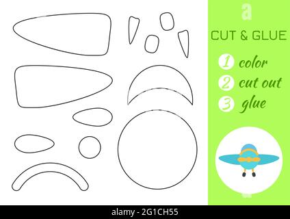 Color, cut and glue paper turquoise airplane. Cut and paste craft activity page. Educational game for preschool children. DIY worksheet. Kids logic ga Stock Vector