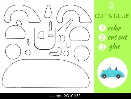 Color, cut and glue paper turquoise car. Cut and paste craft activity page. Educational game for preschool children. DIY worksheet. Kids logic game, a Stock Vector