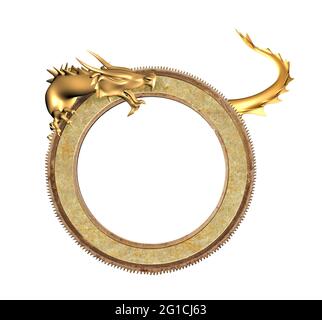 Vintage information board with oriental dragon. Golden dragon and round ancient metal frame. Object isolated on white background. Mock up template. Co Stock Photo