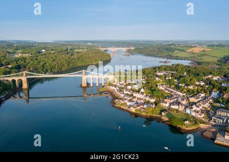 Aerial view of Telford's Suspension Bridge Across The Menai Starights, Wales Stock Photo