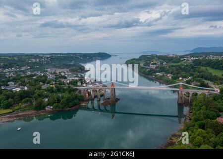 Aerial view of Telford's Suspension Bridge Across The Menai Starights, Wales Stock Photo