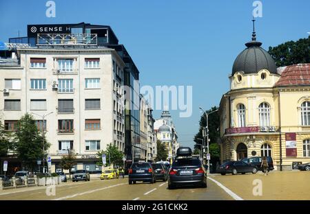 Driving in Central Sofia, Bulgaria. Stock Photo