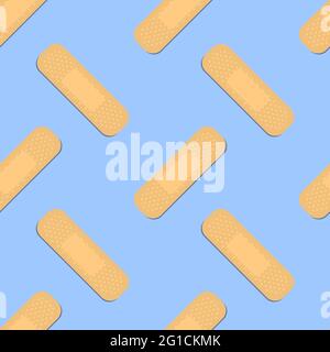 Seamless pattern with sticking plasters. Medical patch repeat texture. On blue background. Stock Vector