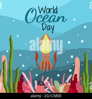 World ocean day in cartoon style on blue background with cute squid, seaweed and corals. Square orientation. Vector graphic. June 8. Stock Vector