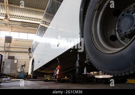 Bus repair service workshop indoors Stock Photo