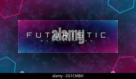 Hexagonal futuristic abstract banner. Cyber frame HUD design with copyspace. Background with hexagon grid and blue and red lights. Vector Stock Vector