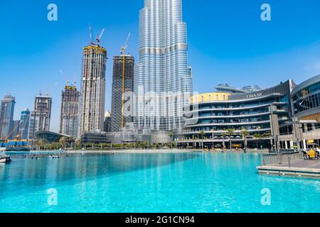 Dubai, UAE - March , 2020: The area of singing fountains near Dubai Mall Stock Photo
