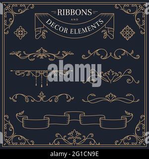 Ribbons, decorative borders, dividers, flourishes, frame. Vector vintage ornaments. Set of golden design elements isolated on dark background. Stock Vector