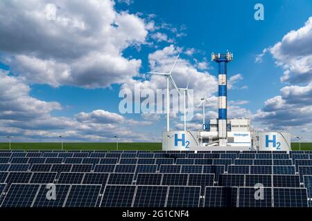 Hydrogen factory concept. Hydrogen production from renewable energy sources Stock Photo