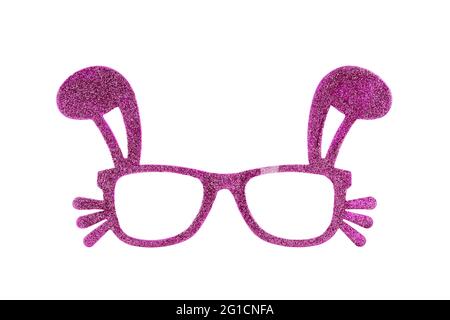 Funny pink glittering decorative glasses with hare ears isolated on white with clipping path Stock Photo