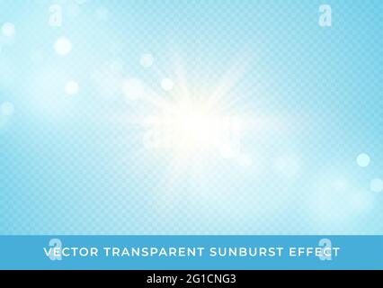 Sun rays blurred bokeh transparent effect isolated on light blue background. Vector illustration Stock Vector
