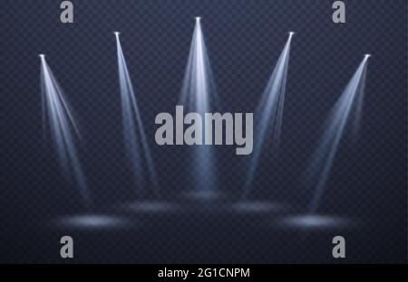 Spotlights light beams isolated on black background. Festive background for night show, party, presentation. Vector illustration Stock Vector