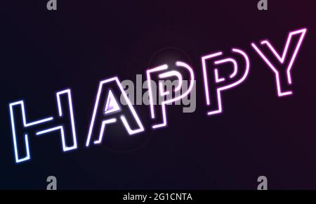 Abstract Happy Neon text on black background. Flashing lights effect. Stock Photo