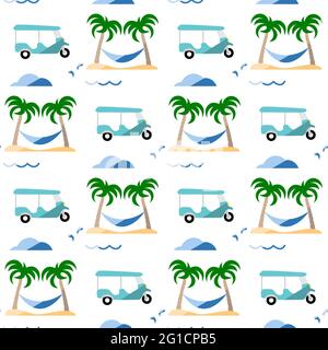 Seamless pattern. Travel vector illustration. Vacation at sea. Summer rest. Holiday. Adventure. Cruise. Tuk-tuk, palm tree, hammock. Design for print Stock Vector