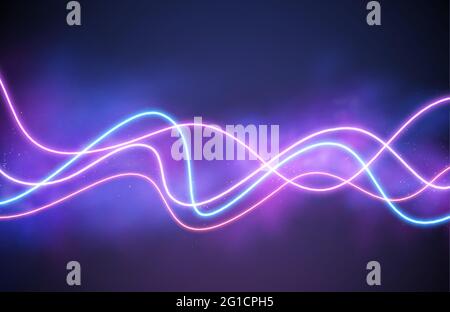 Abstract wave neon shape on pink smoke background. Vector glowing light lines. Dark neon background. Vector illustration Stock Vector