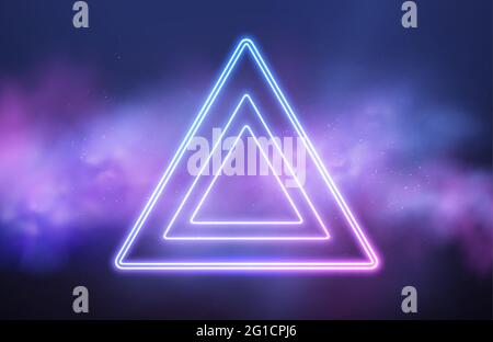 Abstract triangle neon frame on pink smoke background. Vector glowing light lines. Dark neon background. Vector illustration Stock Vector