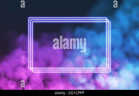 Abstract rectangle neon frame on pink smoke background. Vector glowing light lines. Dark neon background. Vector illustration Stock Vector