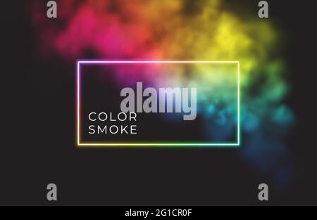 Abstract rectangle neon frame on color smoke background. Vector glowing light lines. Dark neon background. Vector illustration Stock Vector