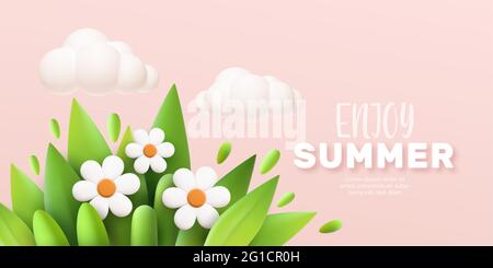 Enjoy Summer 3d realistic background with clouds, daisies, grass and leaves on a pink background. Vector illustration Stock Vector