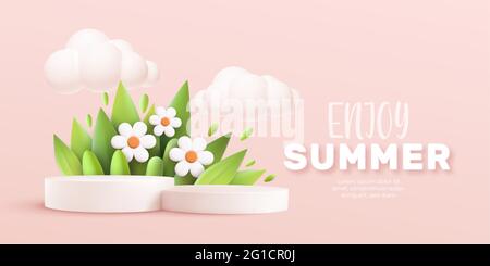 Enjoy Summer 3d realistic background with clouds, daisies, grass, leaves and product podium on a pink background. Vector illustration Stock Vector