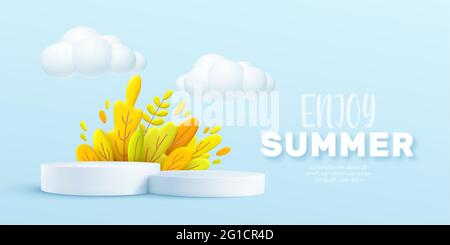 Enjoy Summer 3d realistic background with clouds, grass, leaves and product podium on a pink background. Vector illustration Stock Vector