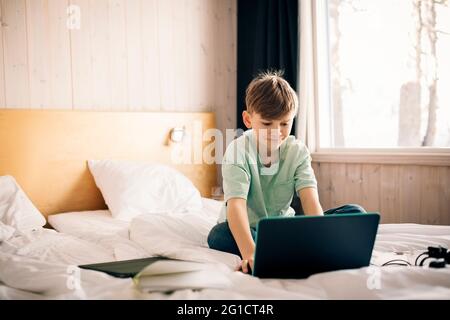 Boy using laptop while studying at home Stock Photo