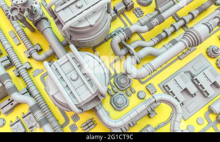 yellow and gray background with pipes and electrical parts, sci-fi theme. 3d render. Stock Photo