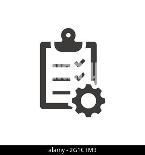 Clipboard checklist with gear cogwheel icon. Document processing symbol. Stock Vector