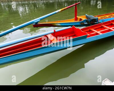 Fuzhou,Fujian,China, - June 7,2021 : Part of two  Dragon boat just launched prepare to race in  the Dragon-boat Festival, 5th of the fifth lunar month Stock Photo