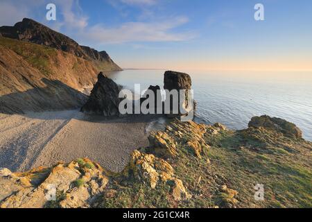 Sea Stacks and rocks near to Trefor, on the Llŷn Peninsula, North Wales, UK Stock Photo