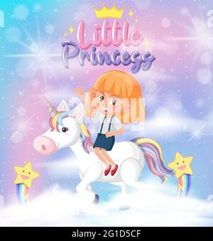 Little girl riding pegasus with little princess font in the sky illustration Stock Vector