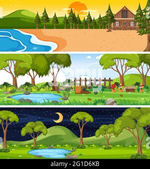 Set of three different nature horizontal scenes illustration Stock Vector