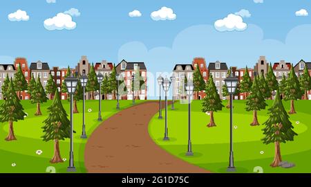 Background scene with long road through the park into the town illustration Stock Vector